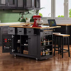 Grand îlot de cuisine roulant CLIHOME avec 2 tabourets de bar, prise de courant, porte de rangement interne, 5 étagères latérales ouvertes
