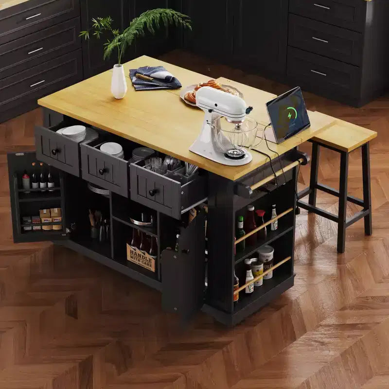 Grand îlot de cuisine roulant CLIHOME avec 2 tabourets de bar, prise de courant, porte de rangement interne, 5 étagères latérales ouvertes