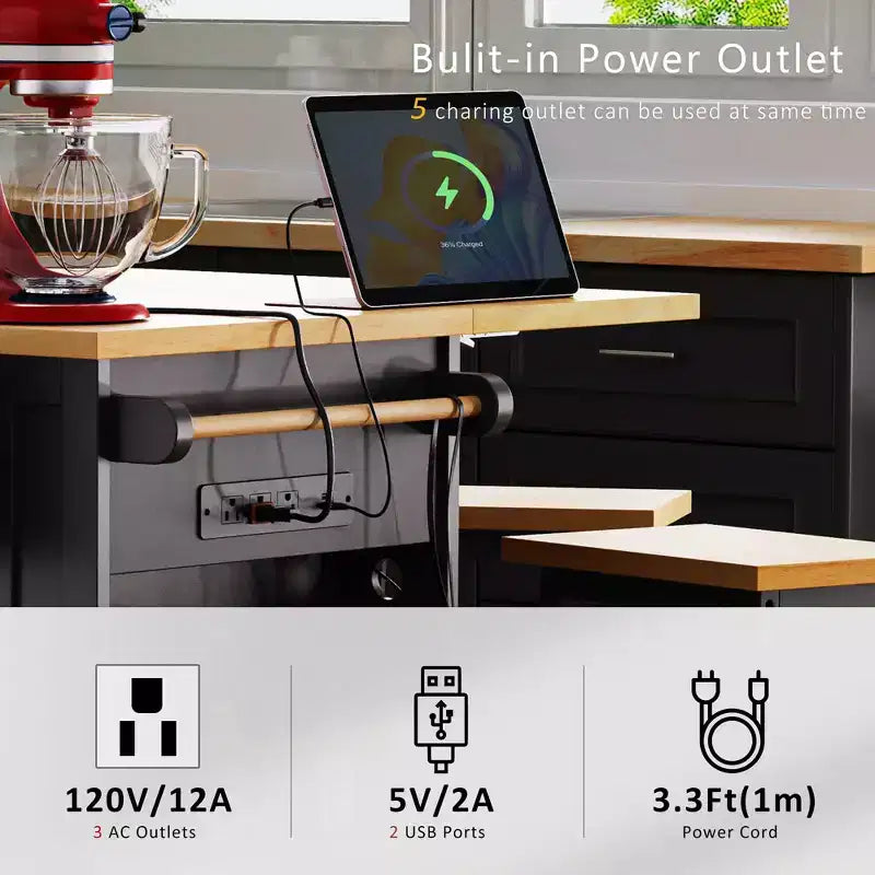 Grand îlot de cuisine roulant CLIHOME avec 2 tabourets de bar, prise de courant, porte de rangement interne, 5 étagères latérales ouvertes