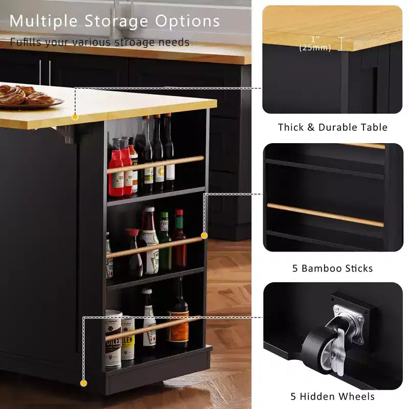 Grand îlot de cuisine roulant CLIHOME avec 2 tabourets de bar, prise de courant, porte de rangement interne, 5 étagères latérales ouvertes
