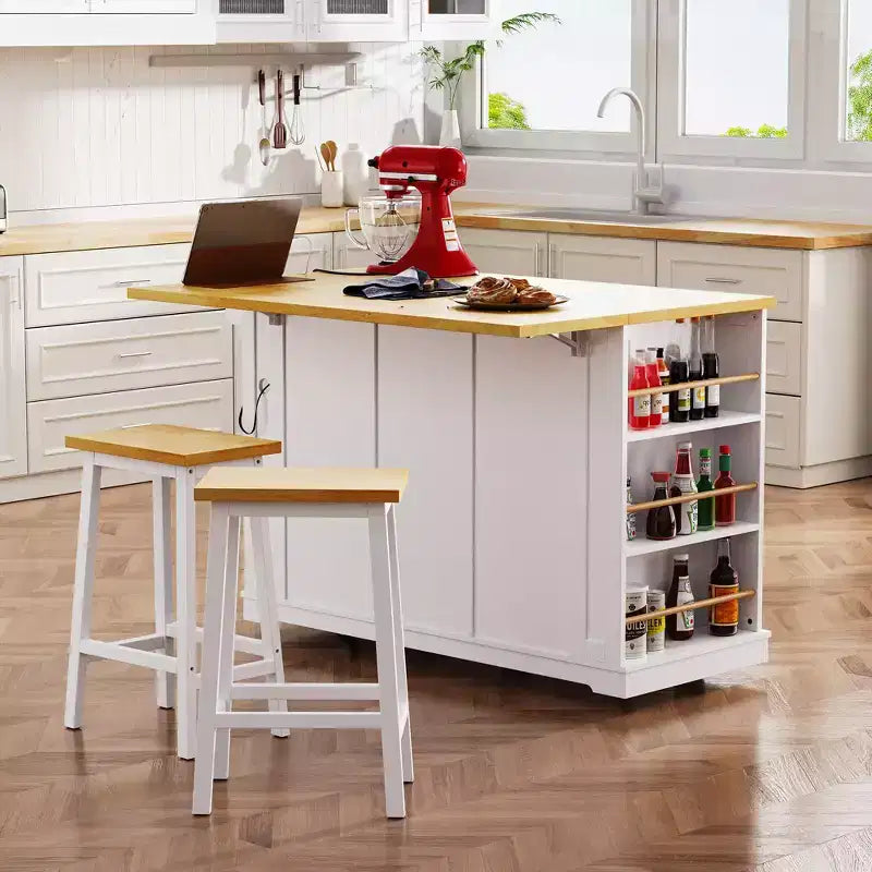 Grand îlot de cuisine roulant CLIHOME avec 2 tabourets de bar, prise de courant, porte de rangement interne, 5 étagères latérales ouvertes