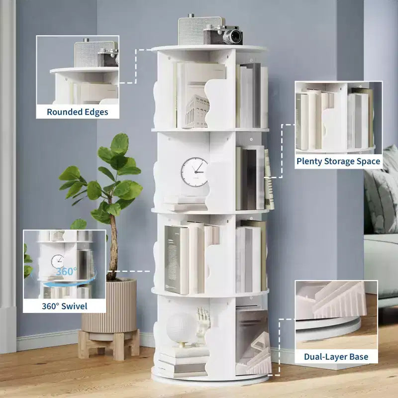 Étagère tournante à 4 niveaux, étagère d'angle pivotante pour petits espaces, tour de rangement rotative à 360°, bibliothèque verticale tournante