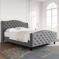 Queen Size Velvet Tufted Platform Bed Frame with Wingback Headboard - Wood Slat Support, No Box Spring Needed, Gray Upholstered Bed
