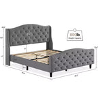 Lit double en velours capitonné avec tête de lit à oreilles – Sommier à lattes en bois, pas besoin de sommier tapissier, lit rembourré gris