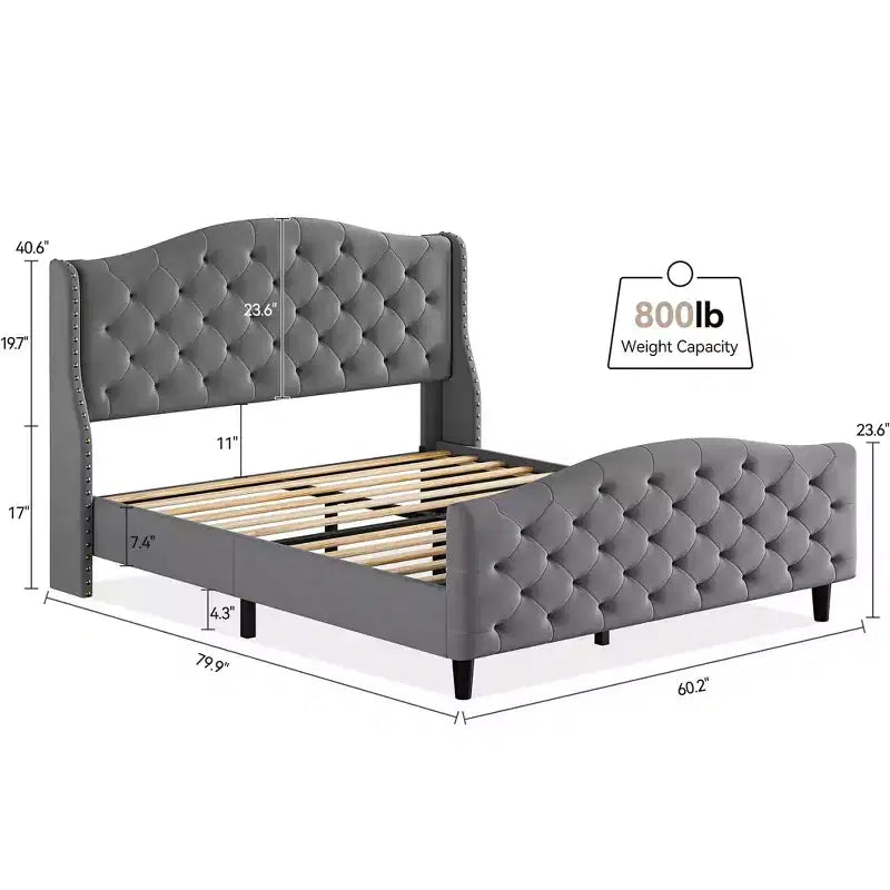 Lit double en velours capitonné avec tête de lit à oreilles – Sommier à lattes en bois, pas besoin de sommier tapissier, lit rembourré gris