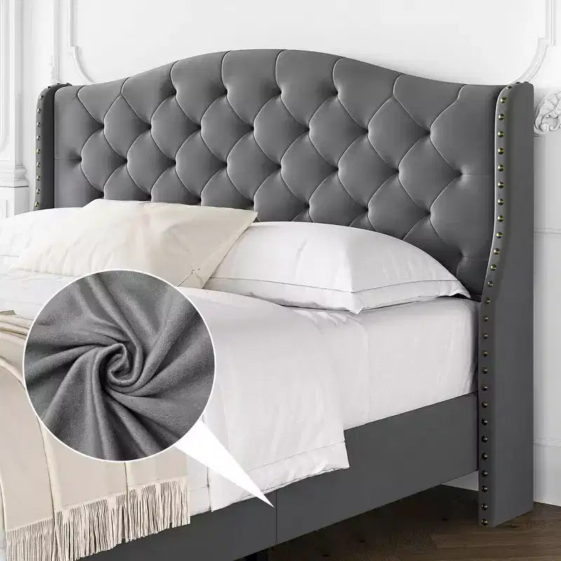 Lit double en velours capitonné avec tête de lit à oreilles – Sommier à lattes en bois, pas besoin de sommier tapissier, lit rembourré gris