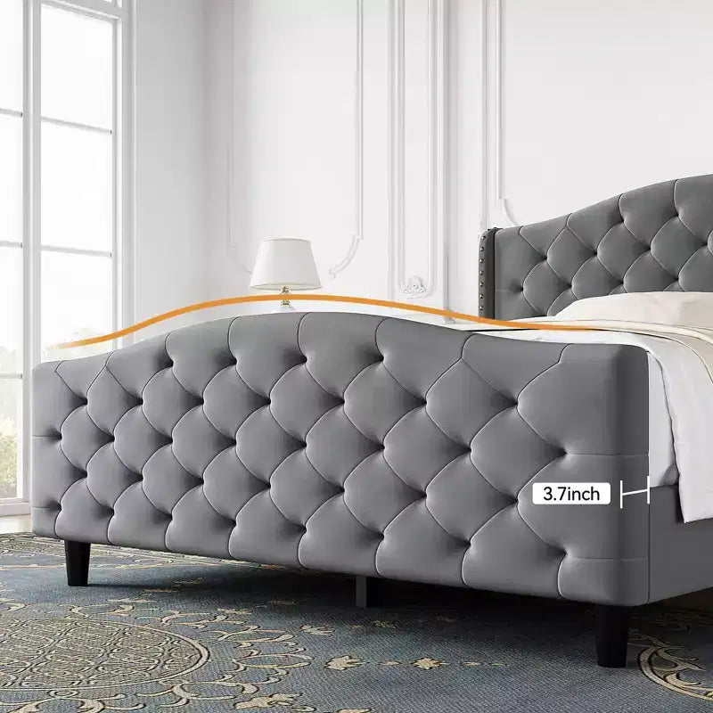 Lit double en velours capitonné avec tête de lit à oreilles – Sommier à lattes en bois, pas besoin de sommier tapissier, lit rembourré gris