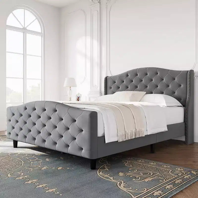 Lit double en velours capitonné avec tête de lit à oreilles – Sommier à lattes en bois, pas besoin de sommier tapissier, lit rembourré gris
