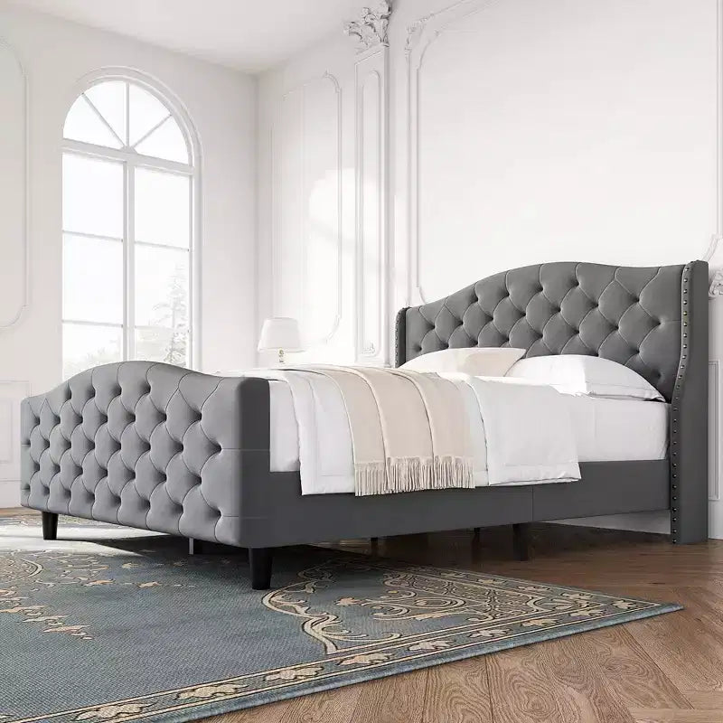 Lit double en velours capitonné avec tête de lit à oreilles – Sommier à lattes en bois, pas besoin de sommier tapissier, lit rembourré gris