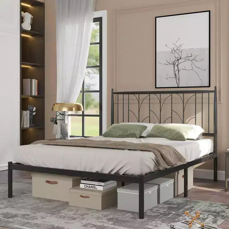 Full Size Bed Frame with Vintage Style Headboard/Mattress Foundation/Under Bed Storage/No Box Spring Needed/Strong Slat Support Black
