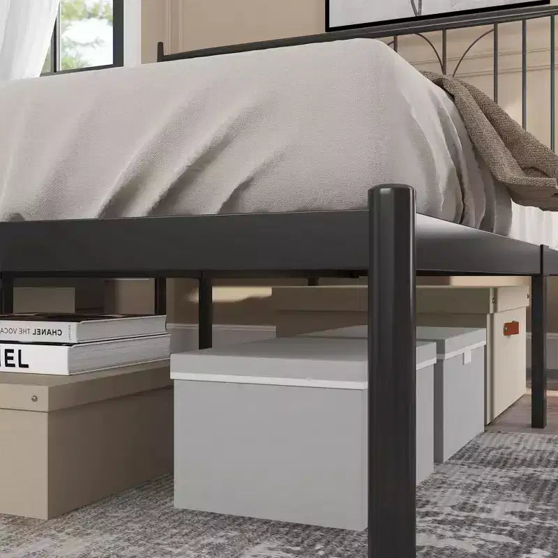Cadre de lit double avec tête de lit de style vintage/Sommier tapissier/Rangement sous le lit/Pas besoin de sommier à ressorts/Support à lattes robuste Noir