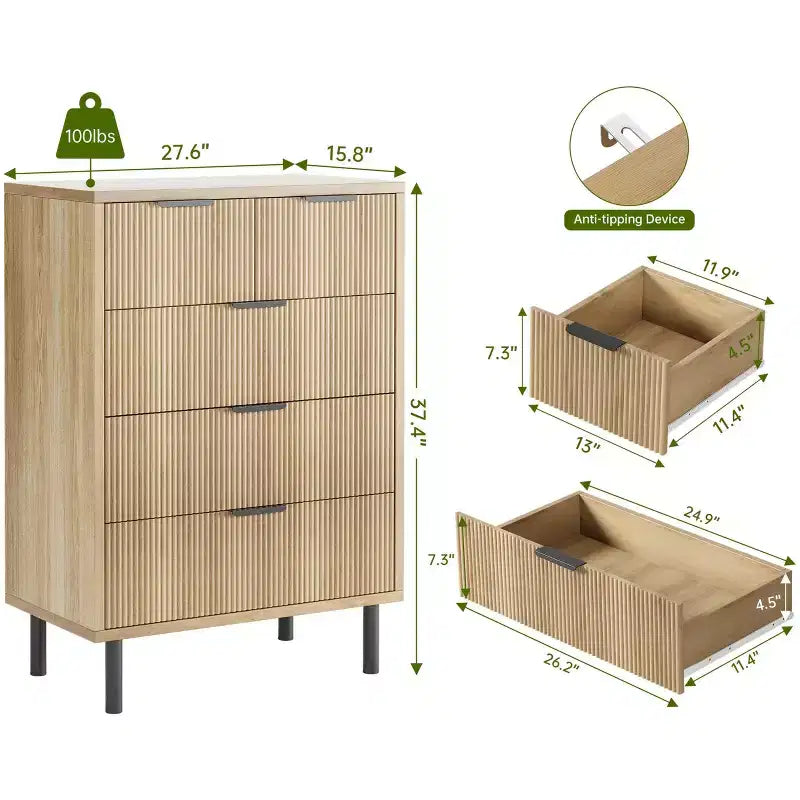 Commode 5 tiroirs cannelés en chêne GustoWave, commode en bois avec tiroirs larges, organisateur de commode de placard avec dispositif anti-basculement et pieds en métal