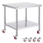VEVOR Stainless Steel Work Table 36 x 30 x 34 Inch, 700 LBS Load Capacity with 4 Wheels, 3 Adjustable Height Levels, Silver