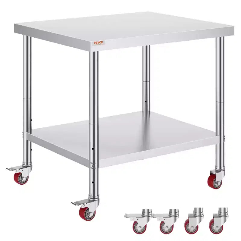 VEVOR Stainless Steel Work Table 36 x 30 x 34 Inch, 700 LBS Load Capacity with 4 Wheels, 3 Adjustable Height Levels, Silver