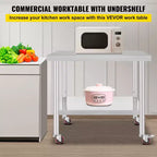 Table de travail VEVOR en acier inoxydable 36 x 30 x 34 pouces, capacité de charge 317,5 kg avec 4 roues, 3 niveaux de hauteur réglables, argent