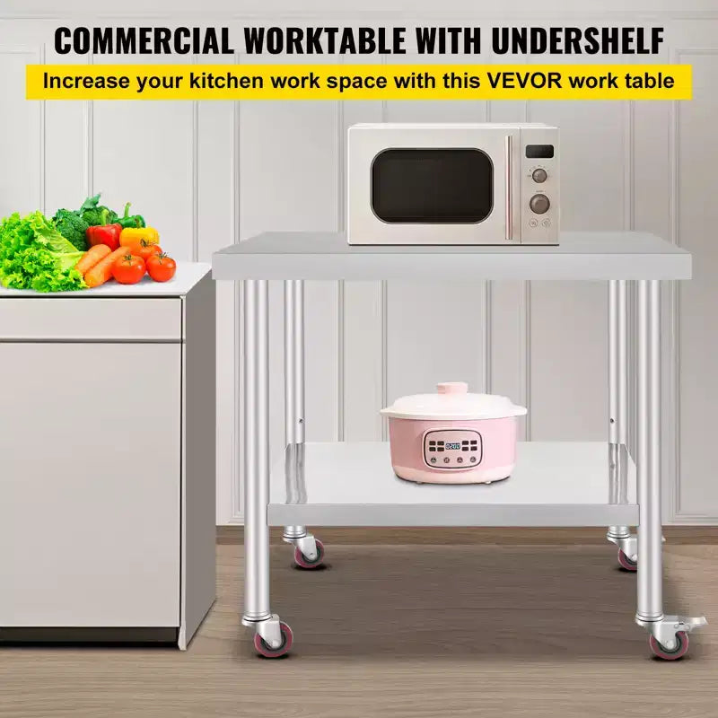 Table de travail VEVOR en acier inoxydable 36 x 30 x 34 pouces, capacité de charge 317,5 kg avec 4 roues, 3 niveaux de hauteur réglables, argent