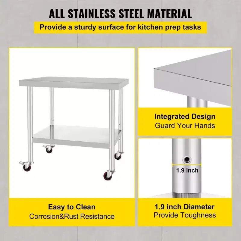 Table de travail VEVOR en acier inoxydable 36 x 30 x 34 pouces, capacité de charge 317,5 kg avec 4 roues, 3 niveaux de hauteur réglables, argent