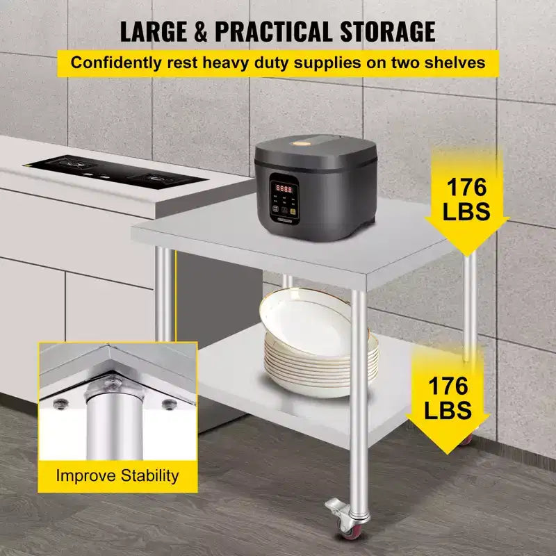 Table de travail VEVOR en acier inoxydable 36 x 30 x 34 pouces, capacité de charge 317,5 kg avec 4 roues, 3 niveaux de hauteur réglables, argent