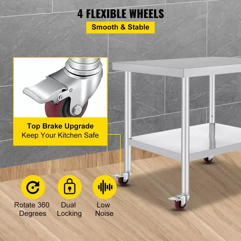 Table de travail VEVOR en acier inoxydable 36 x 30 x 34 pouces, capacité de charge 317,5 kg avec 4 roues, 3 niveaux de hauteur réglables, argent