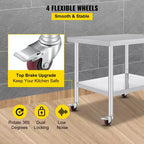 Table de travail VEVOR en acier inoxydable 36 x 30 x 34 pouces, capacité de charge 317,5 kg avec 4 roues, 3 niveaux de hauteur réglables, argent