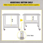 Table de travail VEVOR en acier inoxydable 36 x 30 x 34 pouces, capacité de charge 317,5 kg avec 4 roues, 3 niveaux de hauteur réglables, argent