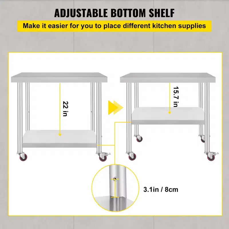 Table de travail VEVOR en acier inoxydable 36 x 30 x 34 pouces, capacité de charge 317,5 kg avec 4 roues, 3 niveaux de hauteur réglables, argent