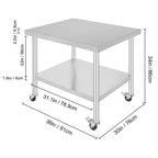 Table de travail VEVOR en acier inoxydable 36 x 30 x 34 pouces, capacité de charge 317,5 kg avec 4 roues, 3 niveaux de hauteur réglables, argent