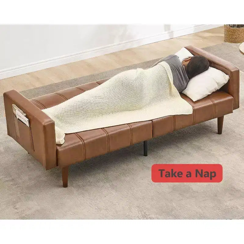 Canapé-lit futon 75 Canapé futon du milieu du siècle, canapé-lit convertible en cuir PU avec dossier réglable, causeuse et poches latérales pour le salon