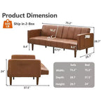 Canapé-lit futon 75 Canapé futon du milieu du siècle, canapé-lit convertible en cuir PU avec dossier réglable, causeuse et poches latérales pour le salon