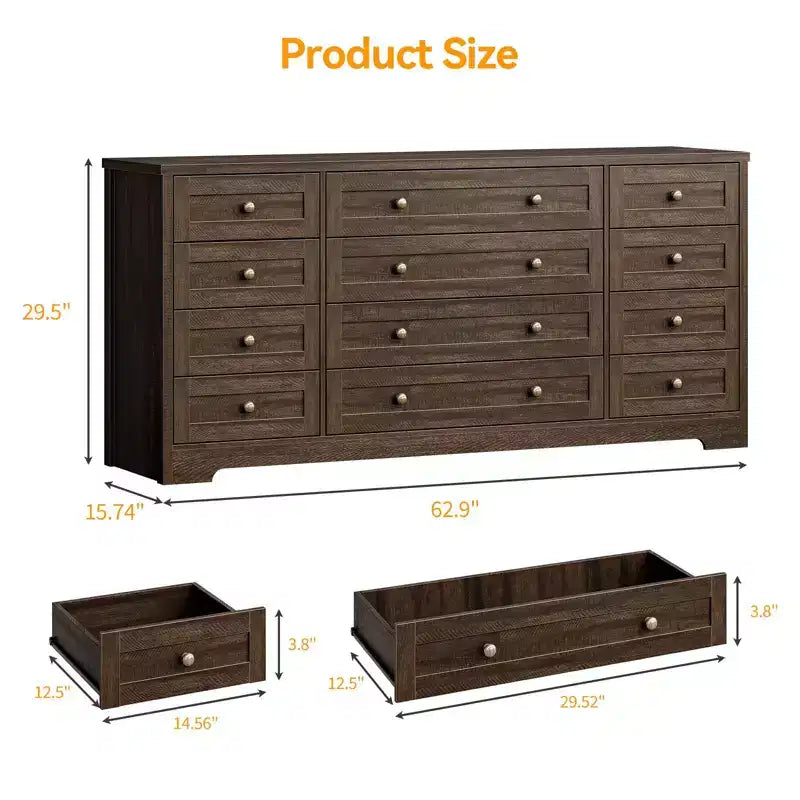 Commode GustoWave à 12 tiroirs pour chambre à coucher, 63 commodes en bois pour salon pour téléviseur de 65 pouces, commode moderne
