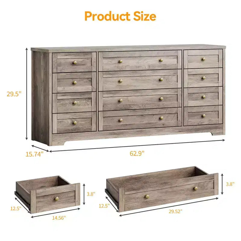 Commode GustoWave à 12 tiroirs pour chambre à coucher, 63 commodes en bois pour salon pour téléviseur de 65 pouces, commode moderne