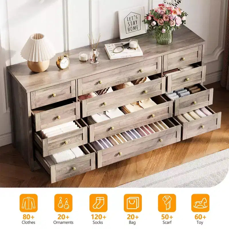 Commode GustoWave à 12 tiroirs pour chambre à coucher, 63 commodes en bois pour salon pour téléviseur de 65 pouces, commode moderne