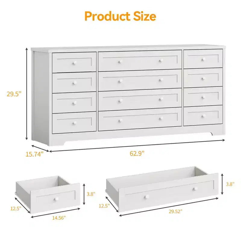 Commode GustoWave à 12 tiroirs pour chambre à coucher, 63 commodes en bois pour salon pour téléviseur de 65 pouces, commode moderne
