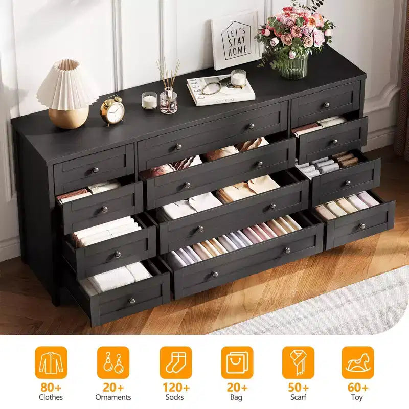 Commode GustoWave à 12 tiroirs pour chambre à coucher, 63 commodes en bois pour salon pour téléviseur de 65 pouces, commode moderne