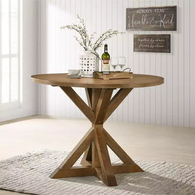 Okak Morden 47.2 Round Dining Table Dining Room Table Counter Height Table with Cross-Buck Base for Kitchen for 4, Brown