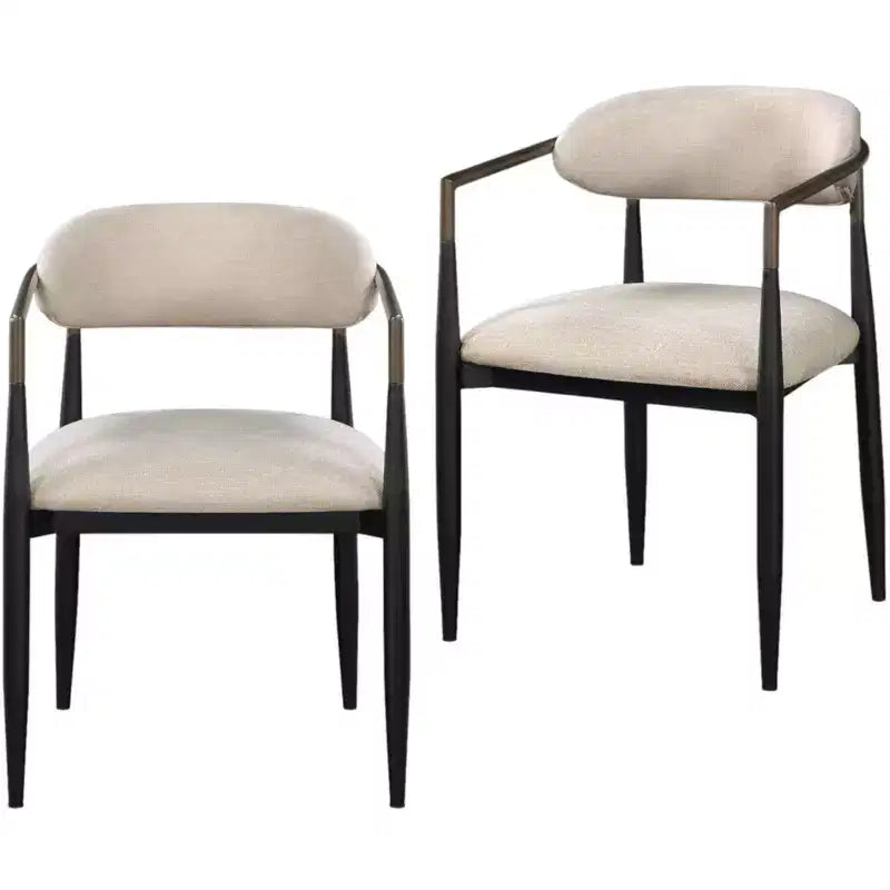 HomeRoots Set of Two Beige And Black Upholstered Fabric Open Back Dining Arm Chairs