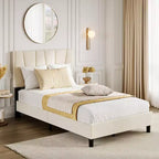 Twin Bed Frame with Headboard Adjustable, Velvet Upholstered Tufted Platform Bedframe No Box Spring Needed (Beige)
