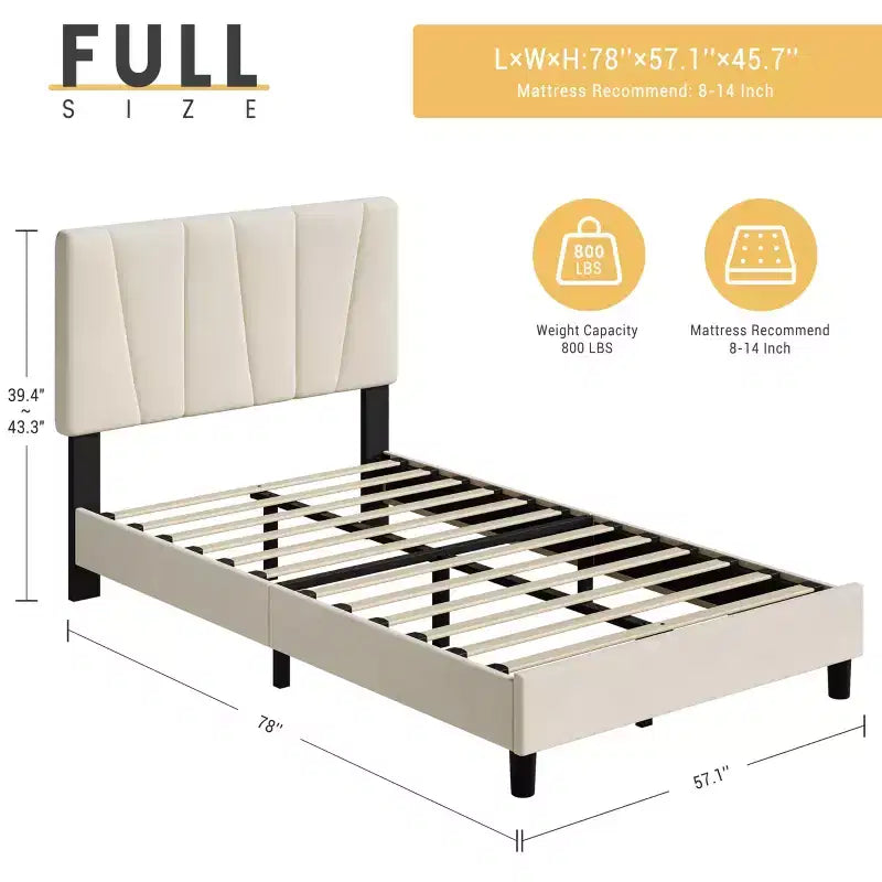 Cadre de lit double avec tête de lit réglable, sommier tapissier en velours capitonné, aucun sommier à ressorts requis (beige)