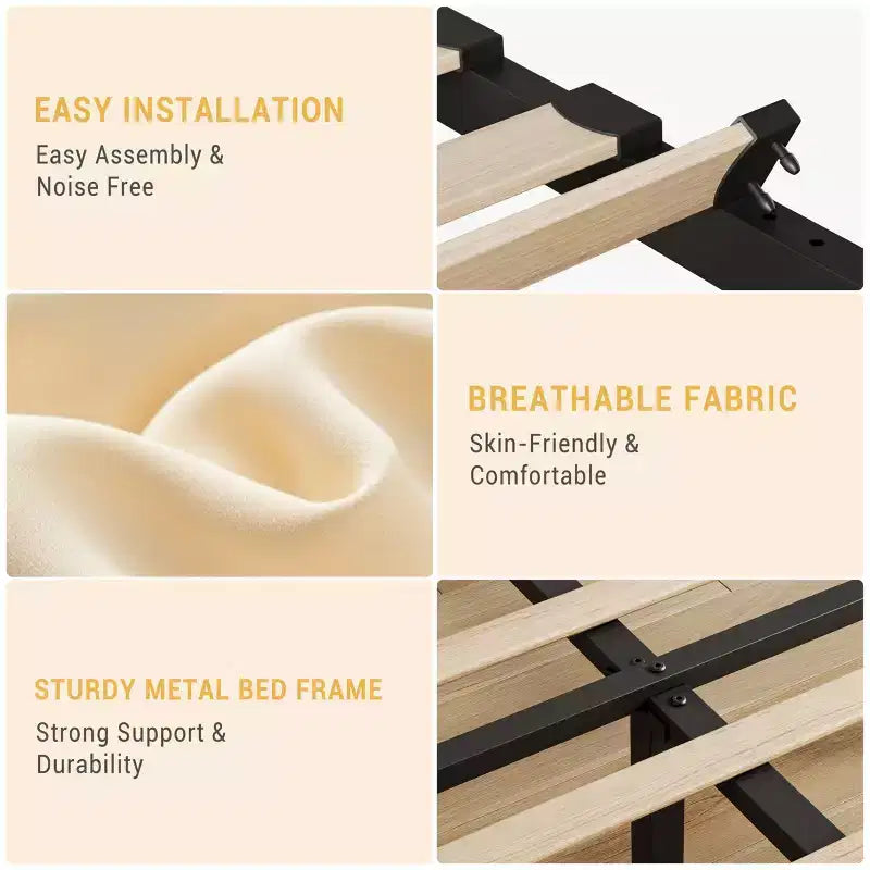 Cadre de lit double avec tête de lit réglable, sommier tapissier en velours capitonné, aucun sommier à ressorts requis (beige)