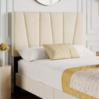 Cadre de lit double avec tête de lit réglable, sommier tapissier en velours capitonné, aucun sommier à ressorts requis (beige)