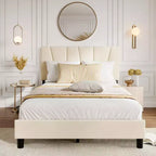 Cadre de lit double avec tête de lit réglable, sommier tapissier en velours capitonné, aucun sommier à ressorts requis (beige)