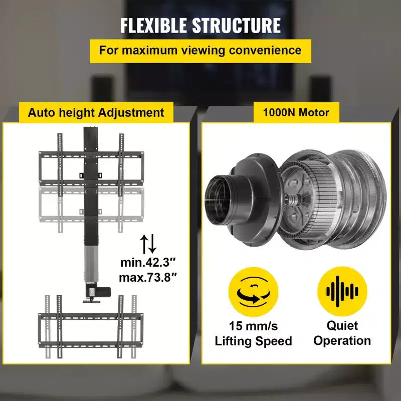 Élévateur TV automatique VEVOR, course de 78,7 cm pour écrans jusqu'à 60 pouces, hauteur réglable 106,7-185,4 cm, télécommandé, supporte 60 kg, noir