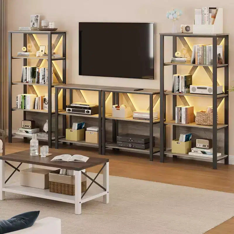 Étagère avec lumières LED réglables - Bibliothèque industrielle rustique à cadre métallique avec étagères ouvertes, petite étagère basse pour le bureau à domicile, la chambre à coucher