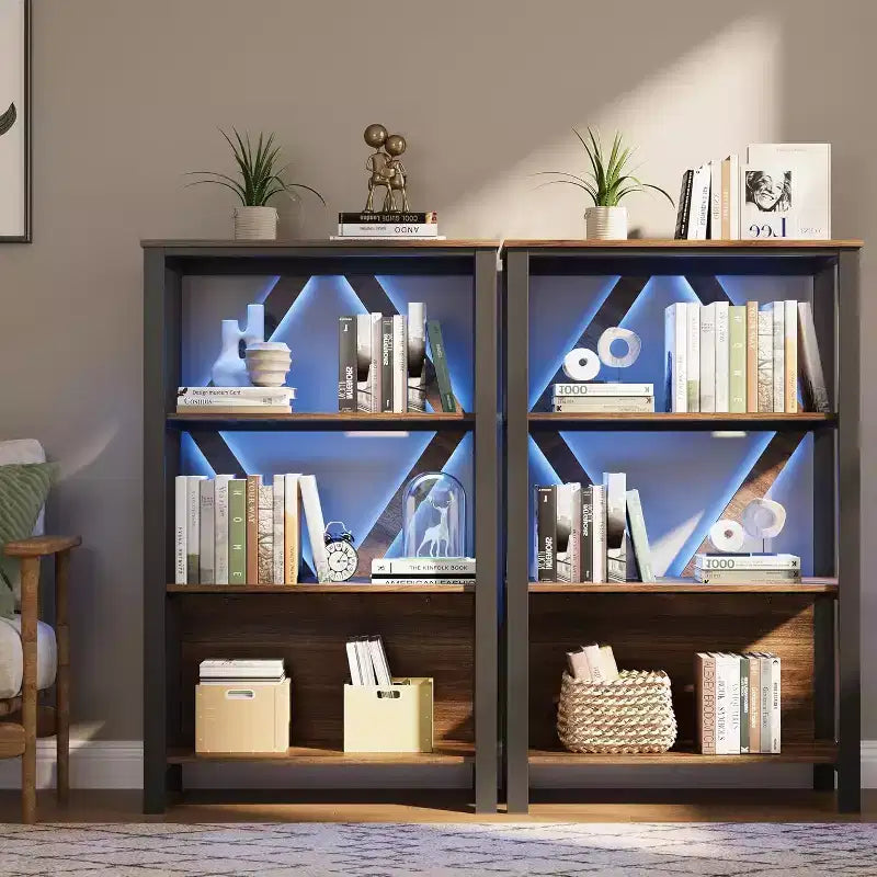 Étagère avec lumières LED réglables - Bibliothèque industrielle rustique à cadre métallique avec étagères ouvertes, petite étagère basse pour le bureau à domicile, la chambre à coucher