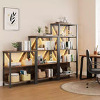 Étagère avec lumières LED réglables - Bibliothèque industrielle rustique à cadre métallique avec étagères ouvertes, petite étagère basse pour le bureau à domicile, la chambre à coucher