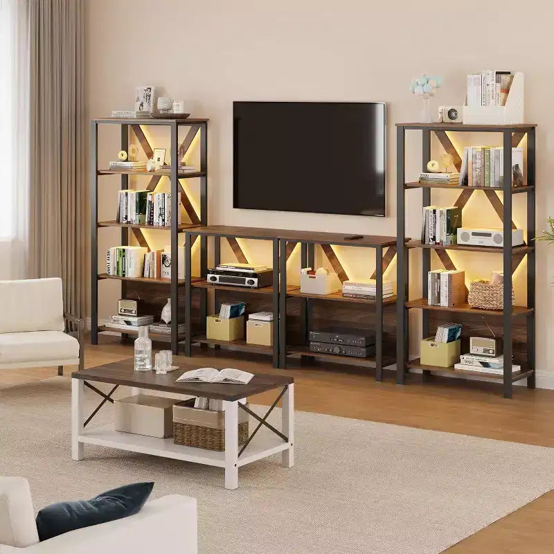 Étagère avec lumières LED réglables - Bibliothèque industrielle rustique à cadre métallique avec étagères ouvertes, petite étagère basse pour le bureau à domicile, la chambre à coucher
