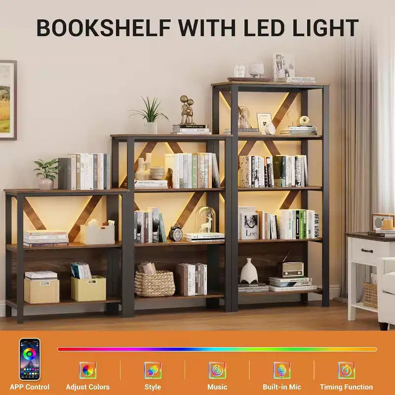 Étagère avec lumières LED réglables - Bibliothèque industrielle rustique à cadre métallique avec étagères ouvertes, petite étagère basse pour le bureau à domicile, la chambre à coucher