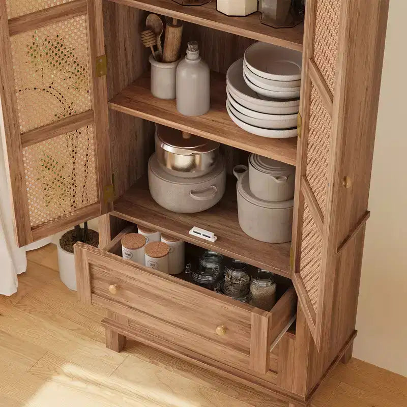 Armoire de cuisine avec portes en rotin, Armoire de rangement haute de 162 cm avec 2 tiroirs et étagères réglables, Armoire de cuisine en bois