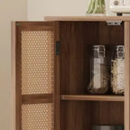 Armoire de cuisine avec portes en rotin, Armoire de rangement haute de 162 cm avec 2 tiroirs et étagères réglables, Armoire de cuisine en bois