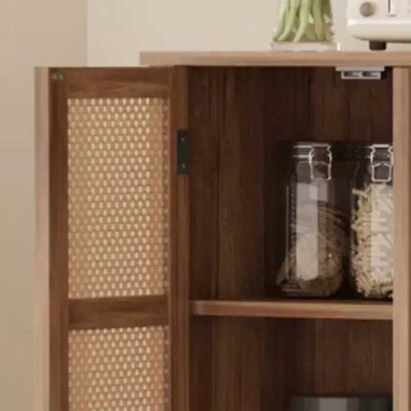 Armoire de cuisine avec portes en rotin, Armoire de rangement haute de 162 cm avec 2 tiroirs et étagères réglables, Armoire de cuisine en bois